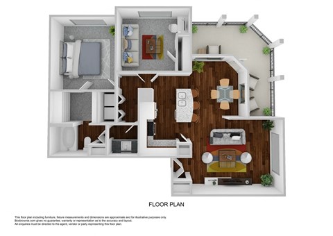 a stylized floor plan with a bedroom and a living room